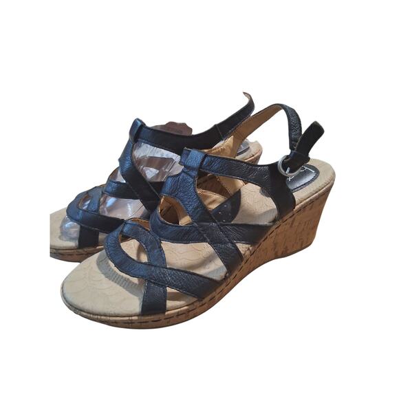 B.O.C. Born Women's size 8M Wedge Cork Heel Black Sandal Summer Boho Strappy - Picture 1 of 12